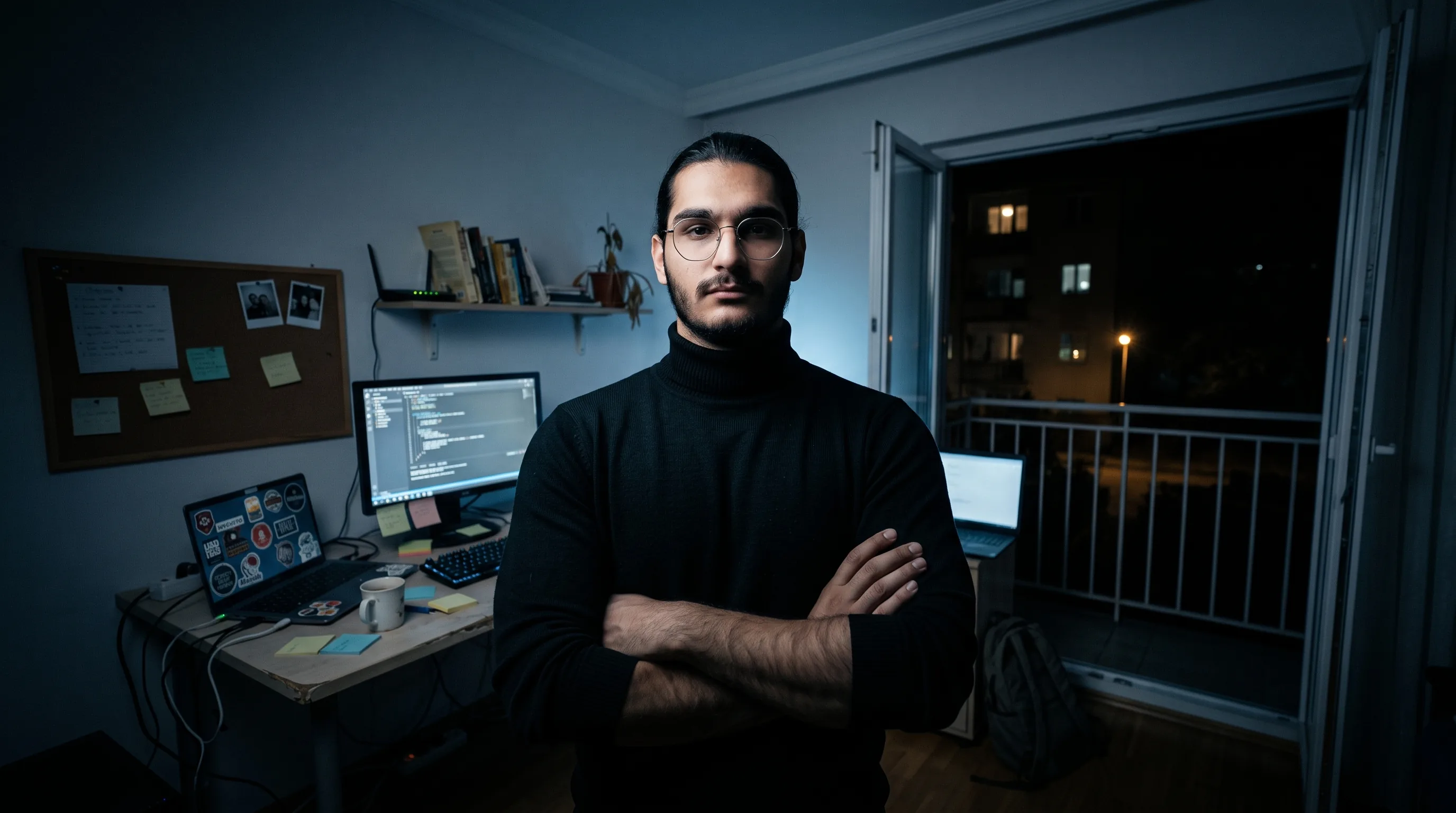 Muhamad Taleb standing in his studio at night